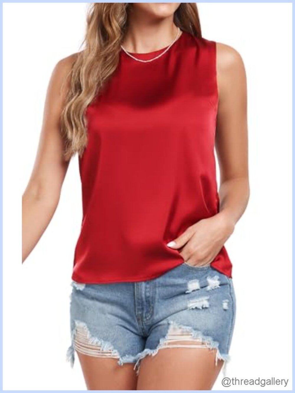 Silk Satin Sleeveless Tank Top Blouse Crew Neck Keyhole Back Casual